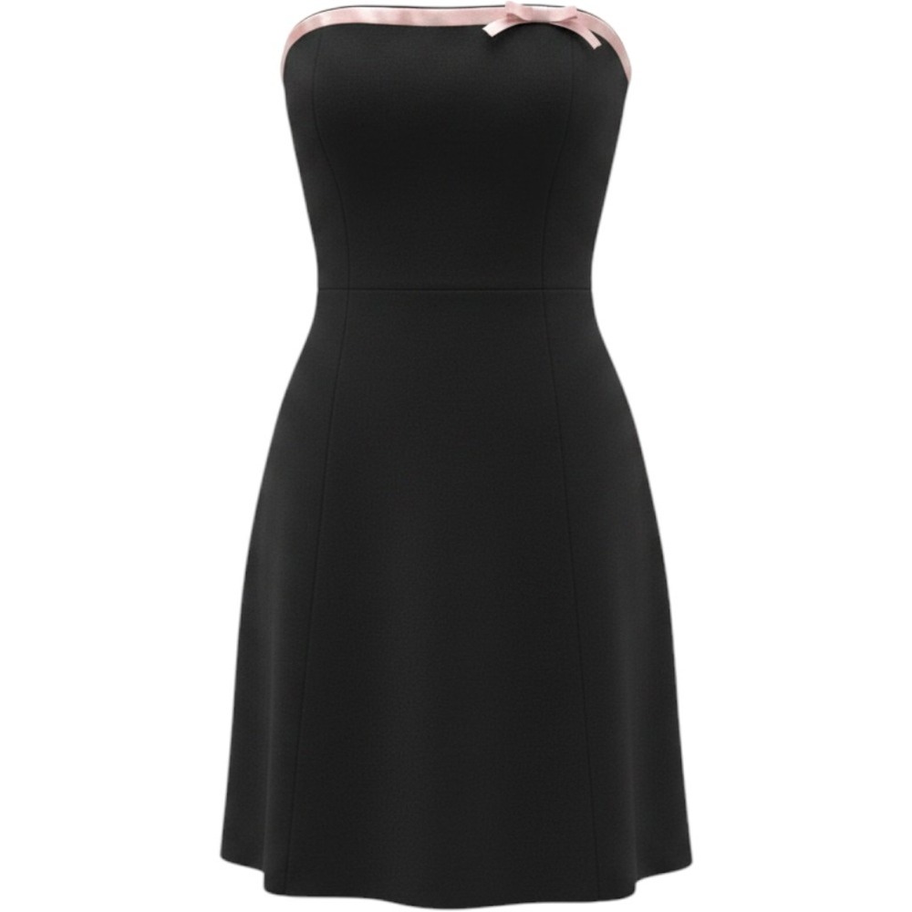 Vintage 90s Minimalist Strapless Black Midi Dress Pink Satin Bow Trim 6 Coquette